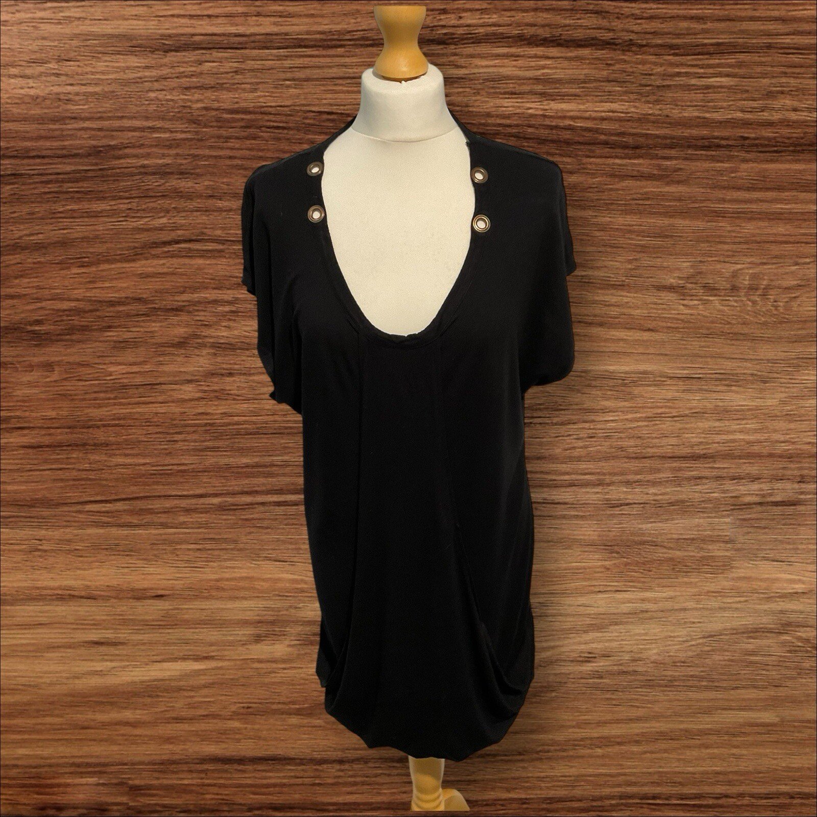 Black Stretch Tunic Front Pockets Sleeveless Scoop Neck Bronze Ring Detail S18