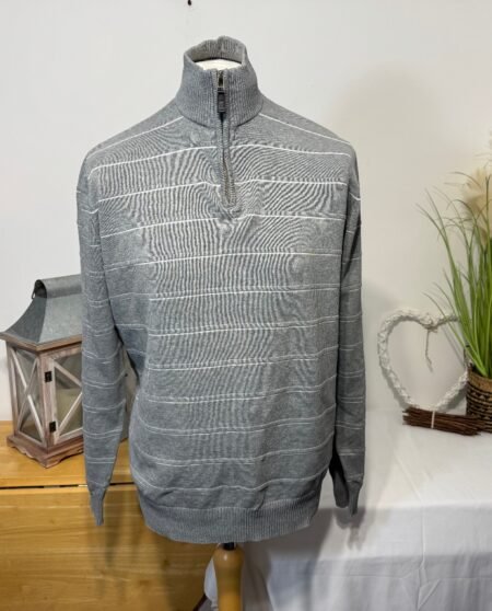 Blue Harbour Grey Stripe 1/4 Zip Funnel Neck Jumper Size L
