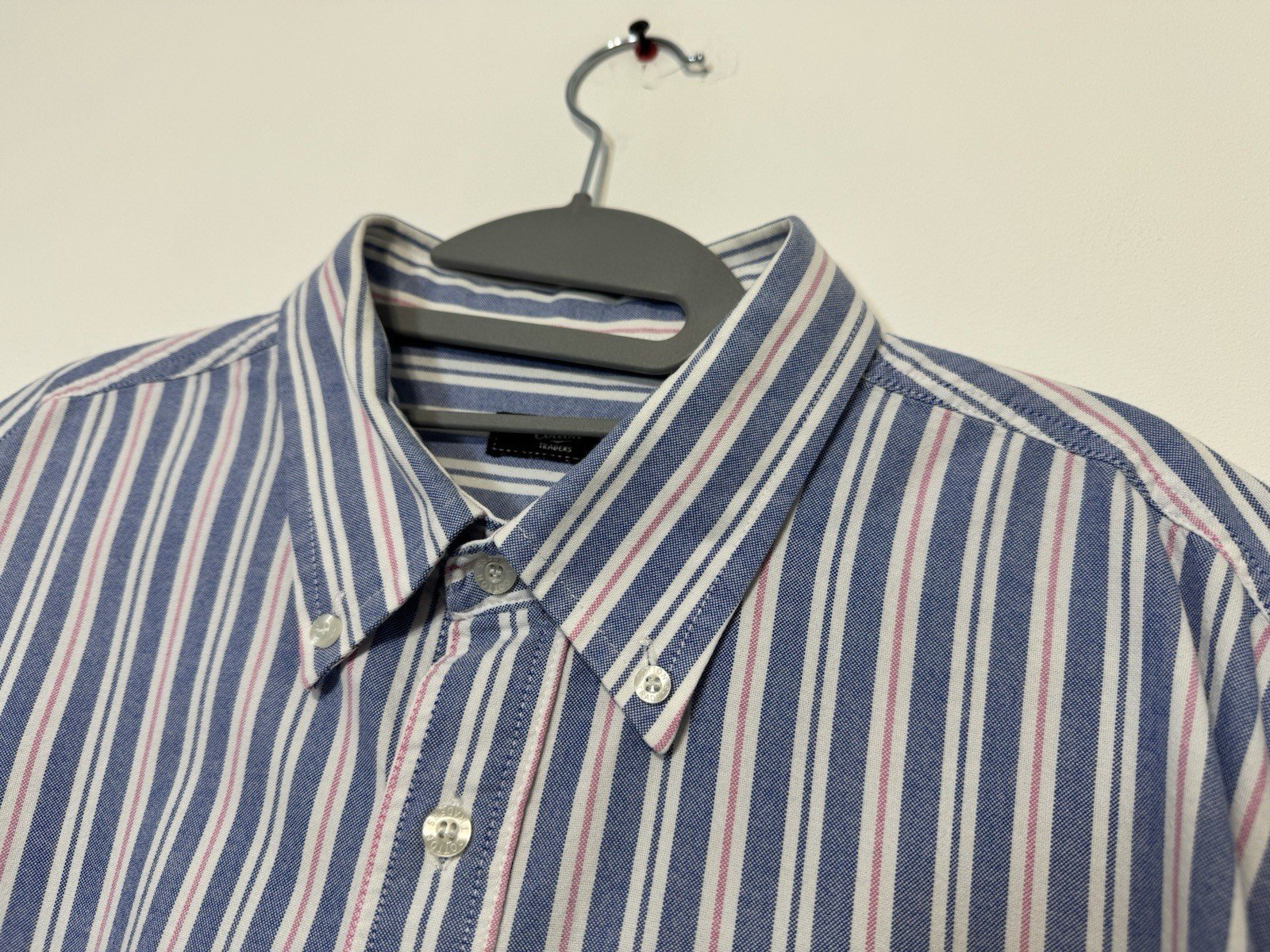 Cotton Traders Blue And Pink Stripe Textured Cotton Short Sleeve Shirt Size XL