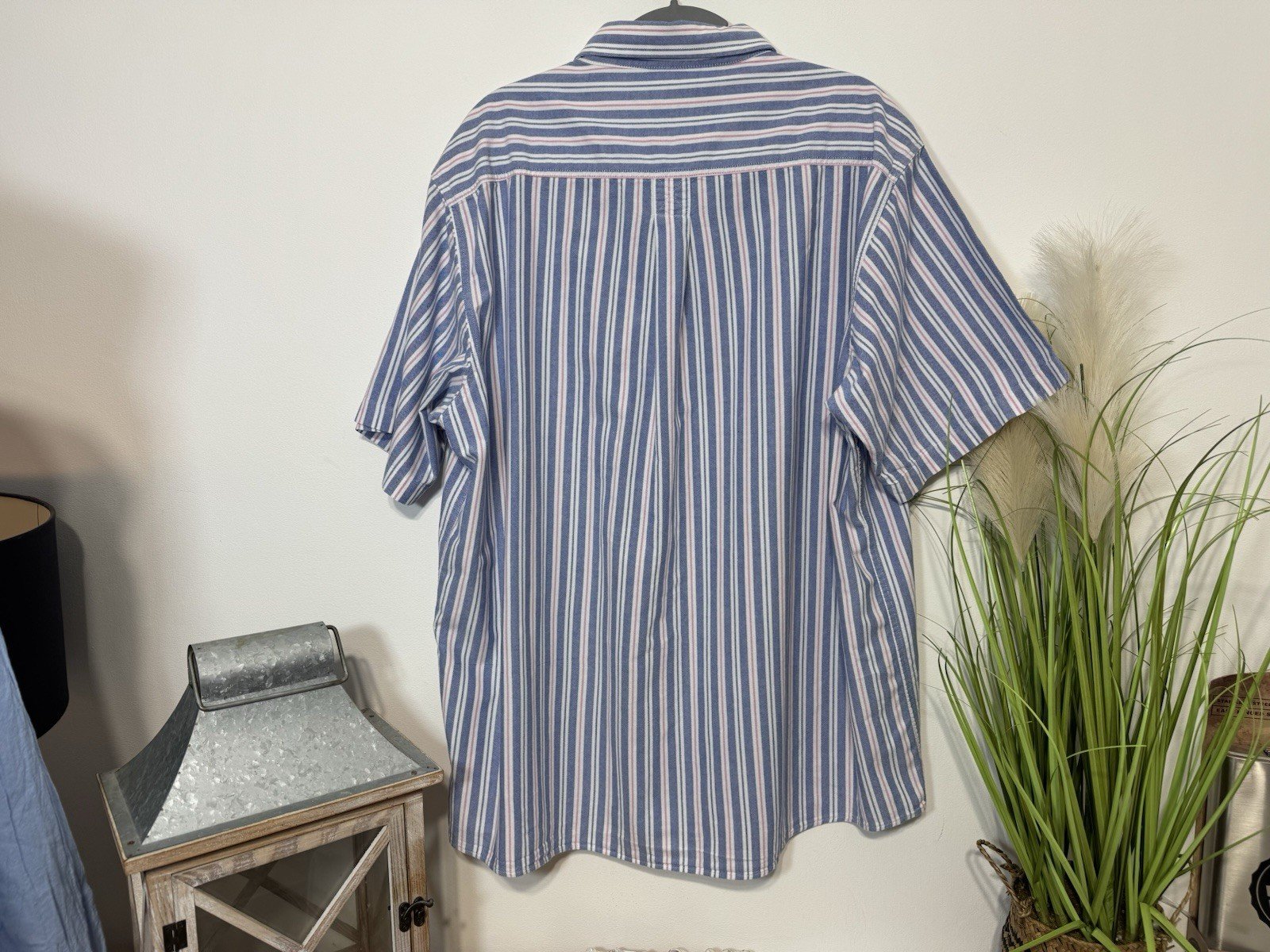 Cotton Traders Blue And Pink Stripe Textured Cotton Short Sleeve Shirt Size XL