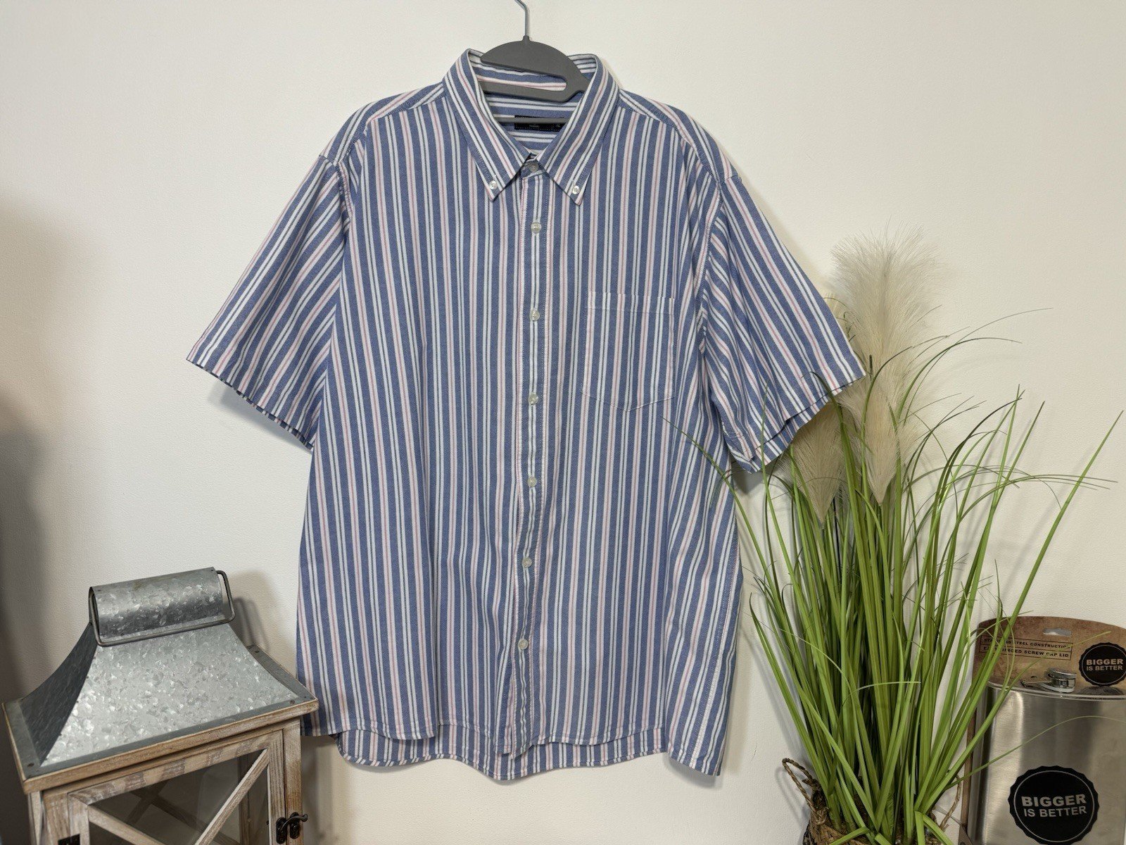 Cotton Traders Blue And Pink Stripe Textured Cotton Short Sleeve Shirt Size XL