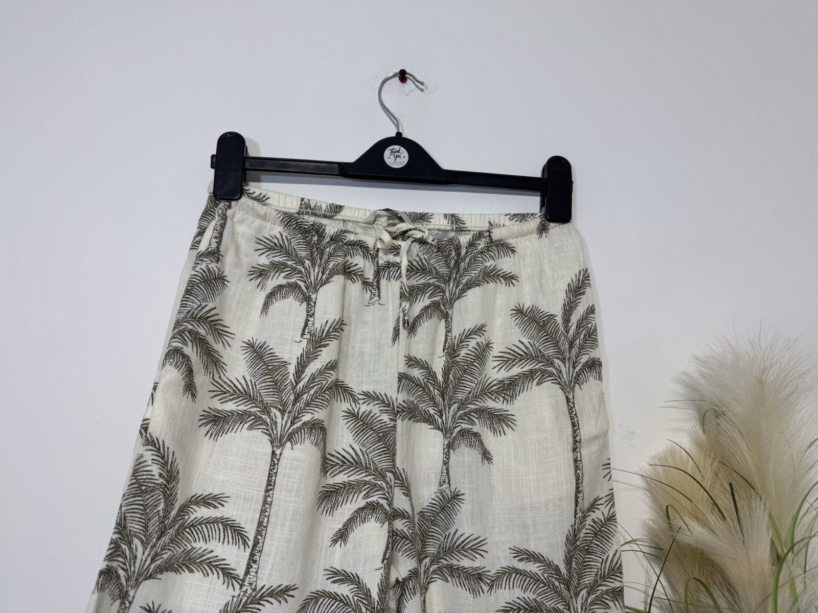 Cream Palm Print Linen Blend Wide Leg Trousers Size 8