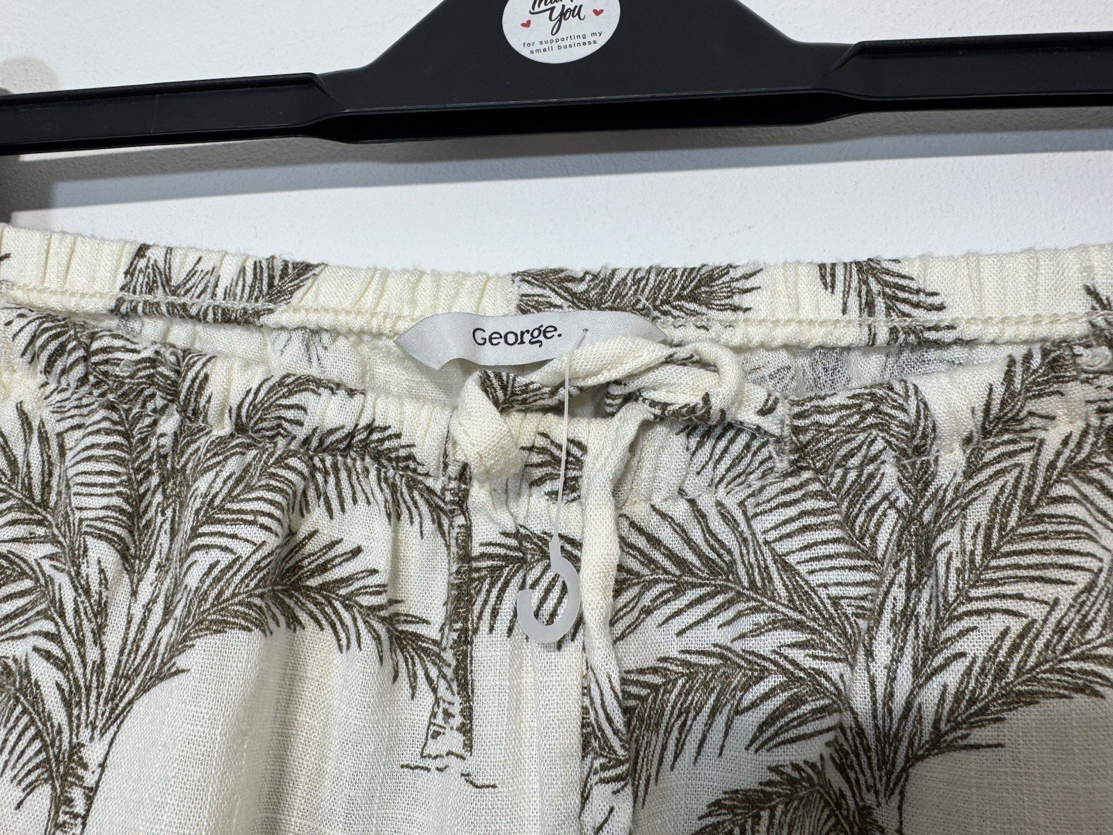 Cream Palm Print Linen Blend Wide Leg Trousers Size 8