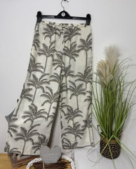Cream Palm Print Linen Blend Wide Leg Trousers Size 8
