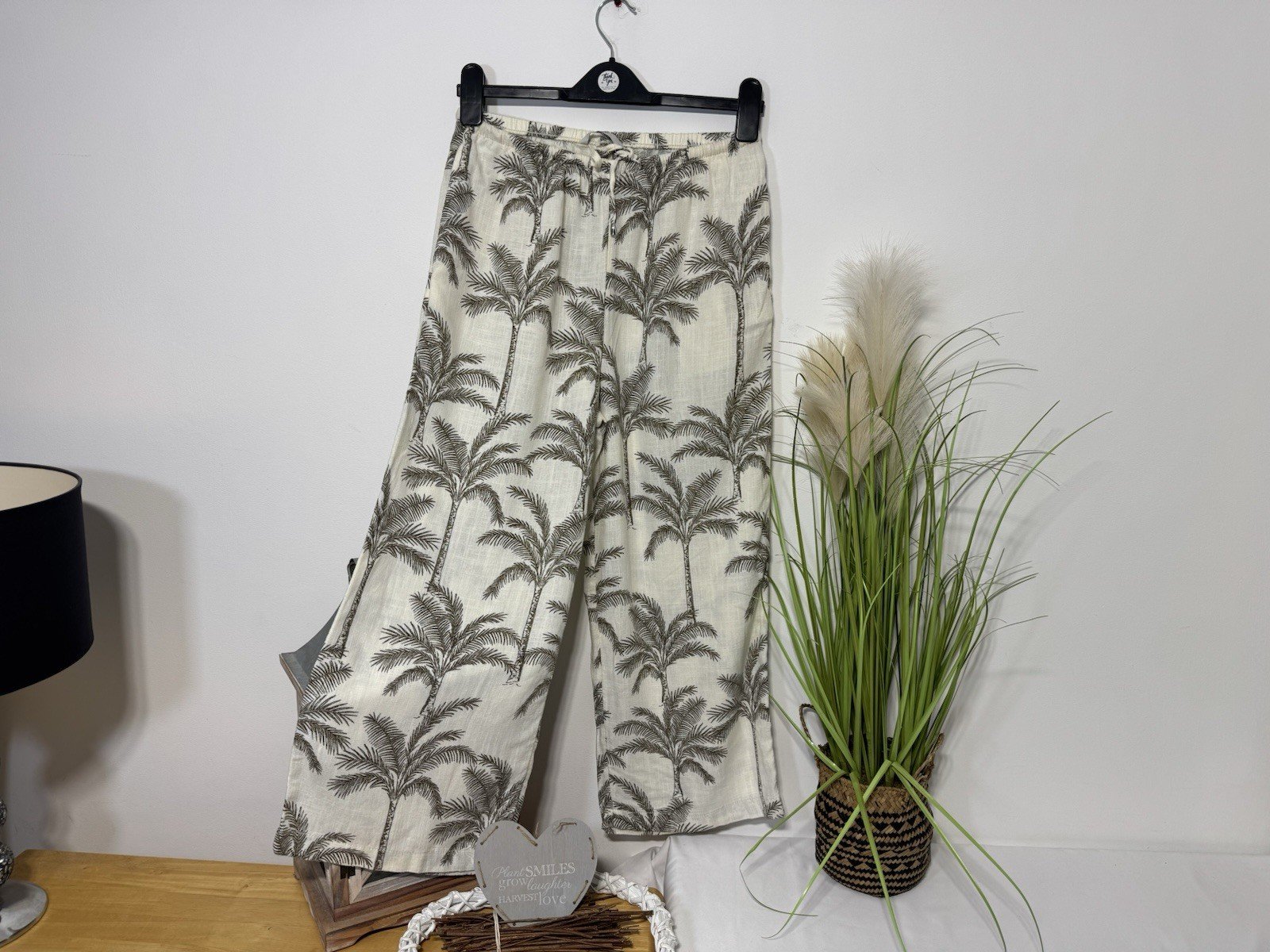 Cream Palm Print Linen Blend Wide Leg Trousers Size 8