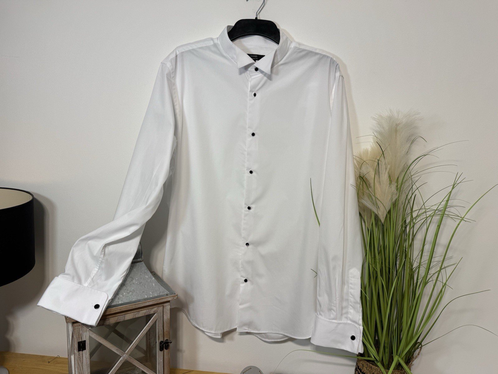 Crisp White Wing Neck French Cuff With Black Button Neck 17.5