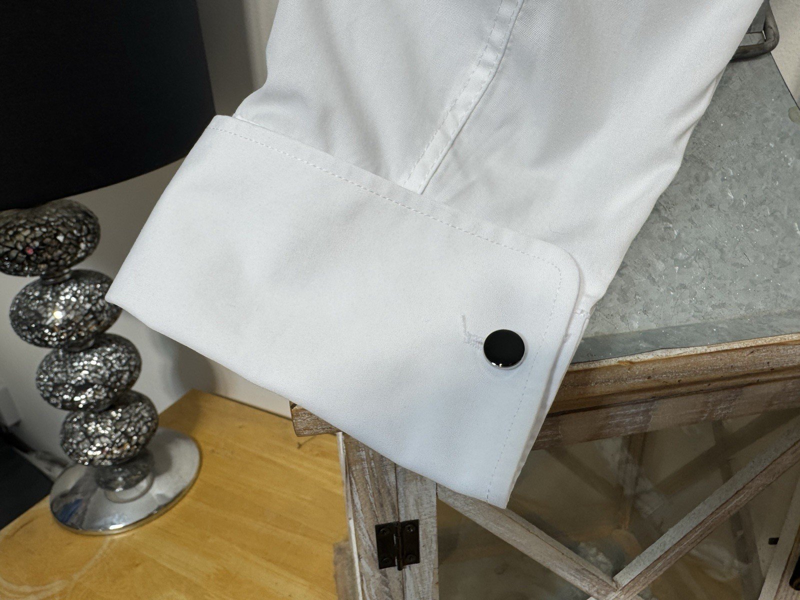 Crisp White Wing Neck French Cuff With Black Button Neck 17.5