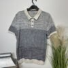 Ecru & Grey Stripe Fine Knit Short Sleeve Polo Top Size L