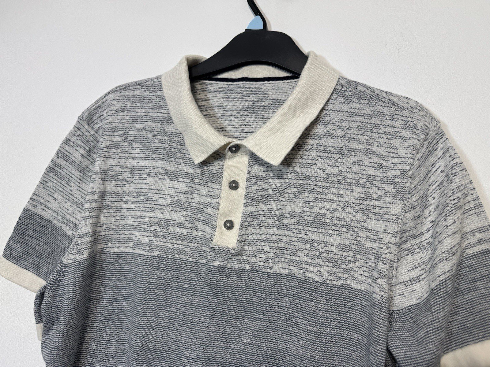 Ecru & Grey Stripe Fine Knit Short Sleeve Polo Top Size L
