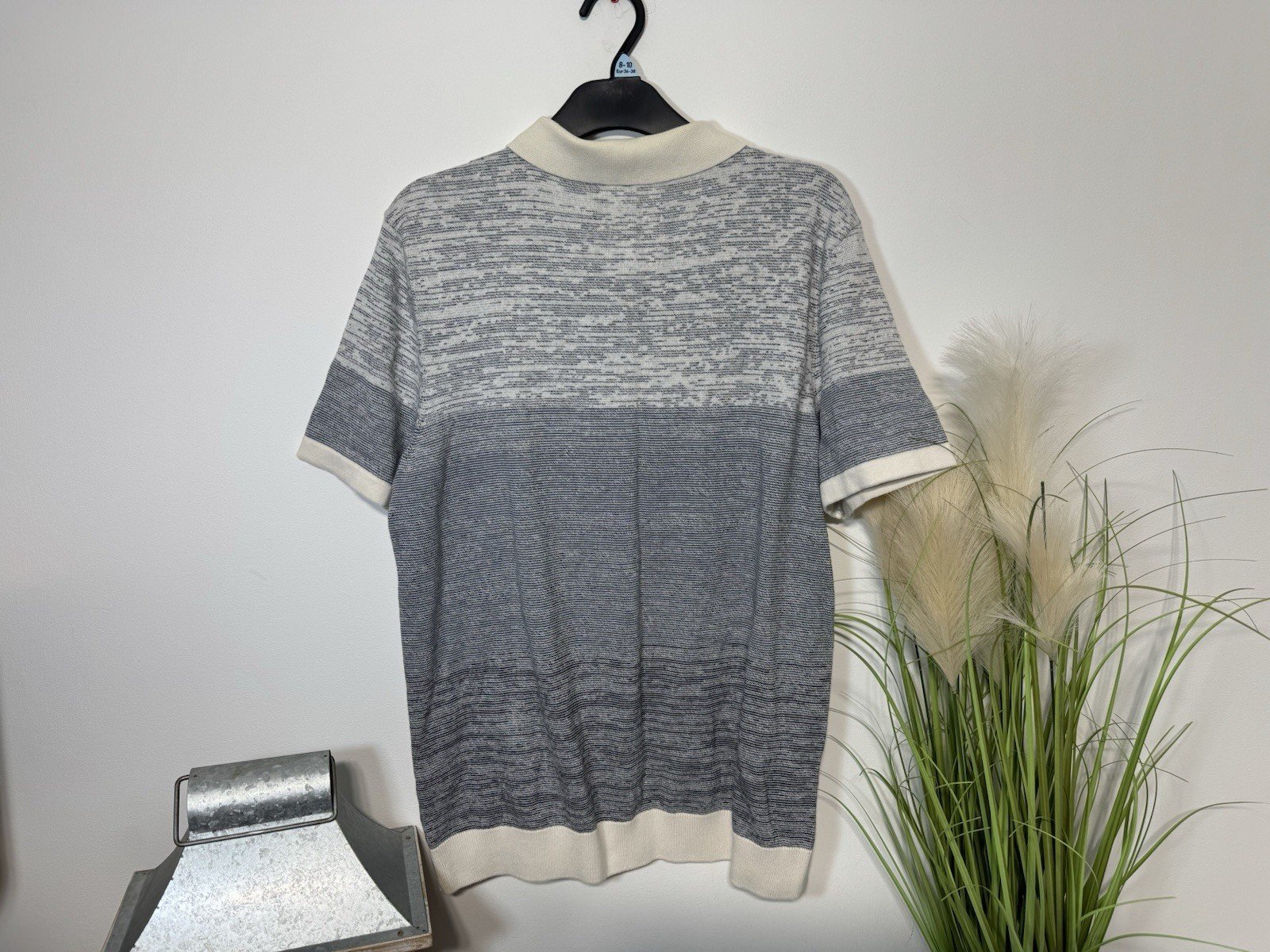 Ecru & Grey Stripe Fine Knit Short Sleeve Polo Top Size L