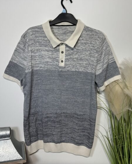 Ecru & Grey Stripe Fine Knit Short Sleeve Polo Top Size L