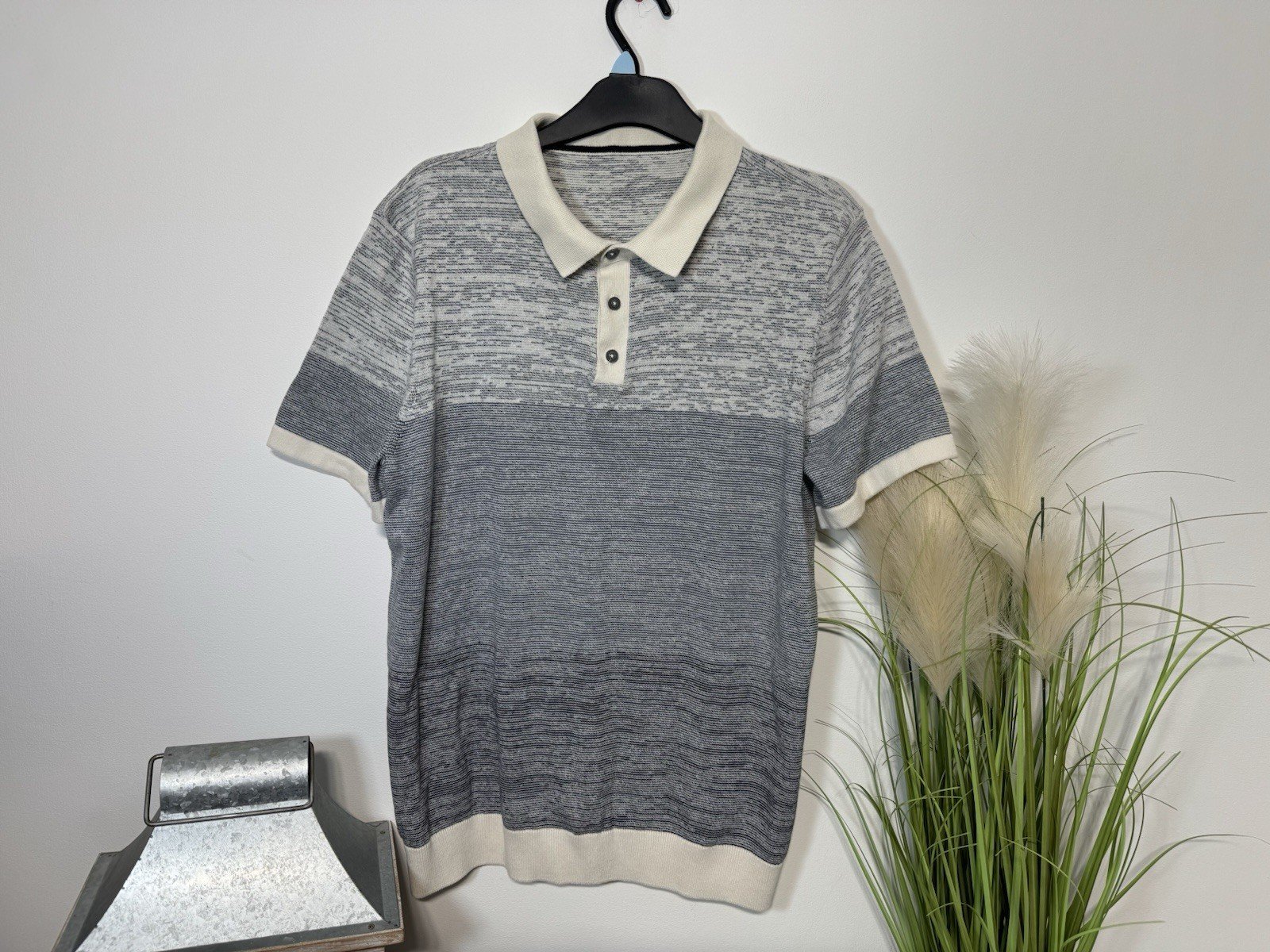 Ecru & Grey Stripe Fine Knit Short Sleeve Polo Top Size L