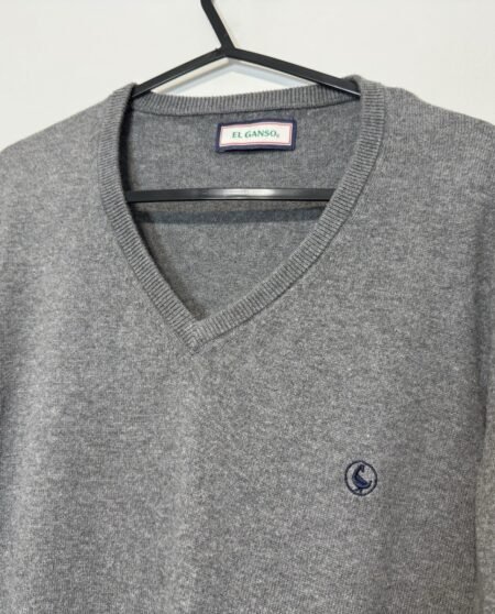 El Ganso Grey Cotton Tight Knit V-Neck Jumper Logo Size M