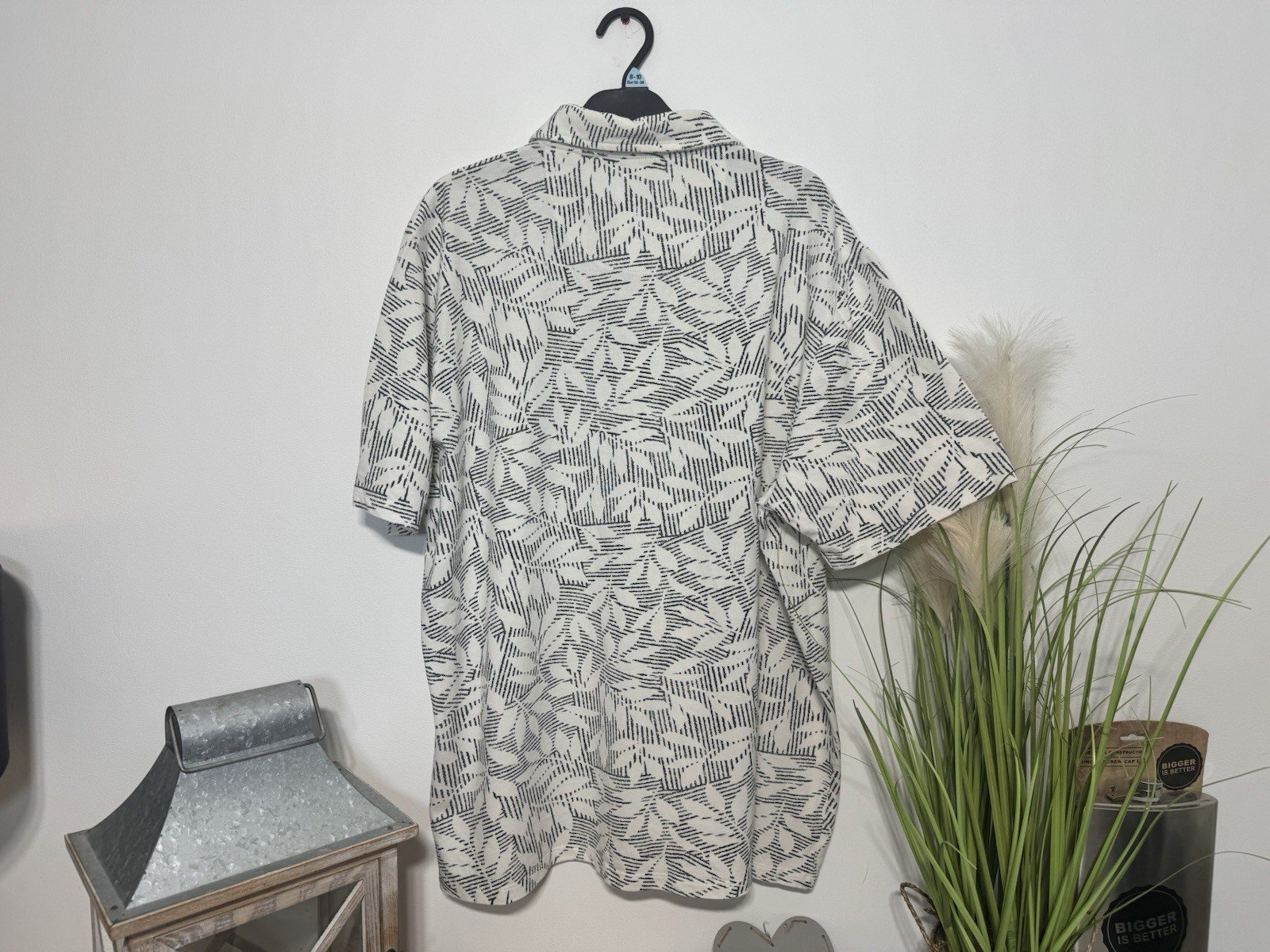 Grey Leaf Print Pique Knit Short Sleeve Polo Shirt Size 3XL