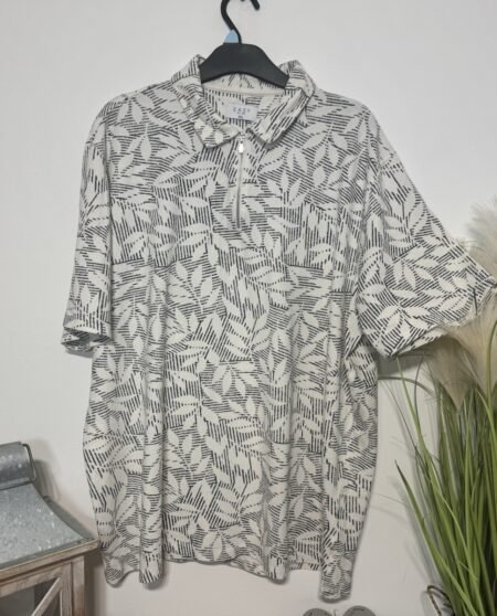 Grey Leaf Print Pique Knit Short Sleeve Polo Shirt Size 3XL