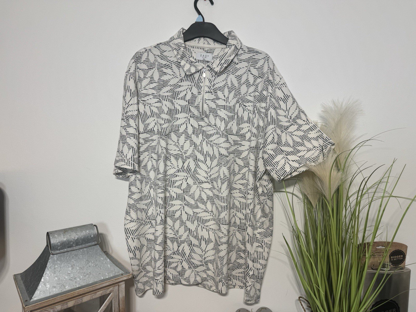 Grey Leaf Print Pique Knit Short Sleeve Polo Shirt Size 3XL