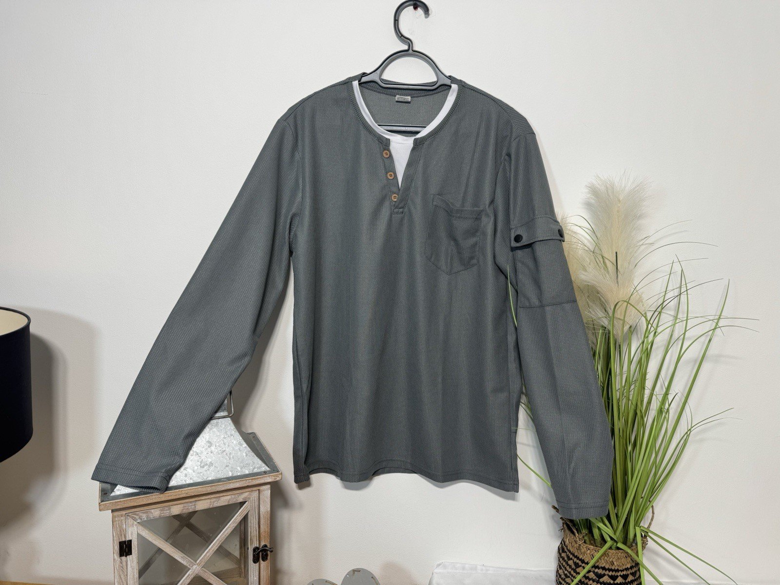 Grey Waffle Weave Long Sleeve Top Size L