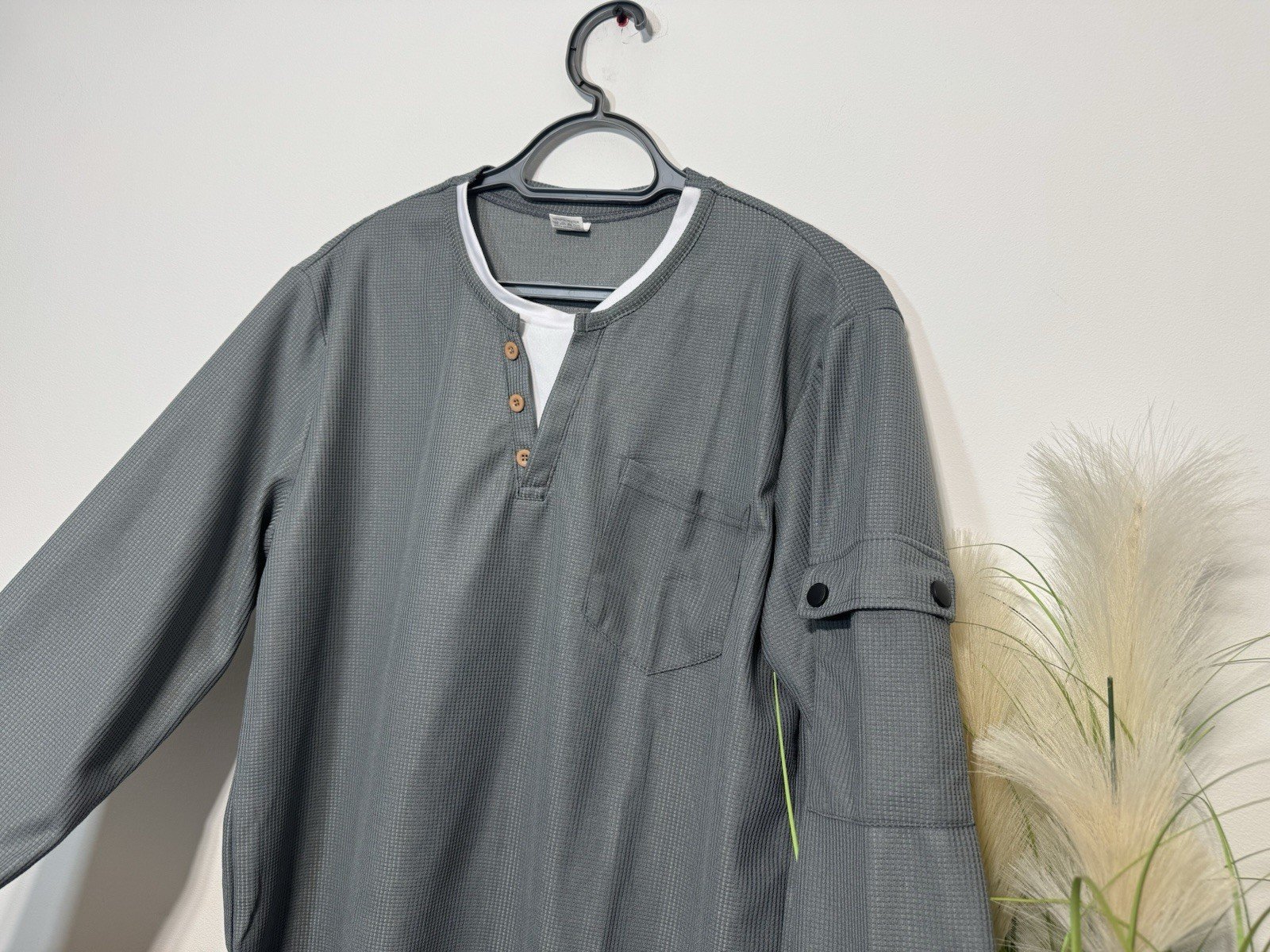 Grey Waffle Weave Long Sleeve Top Size L