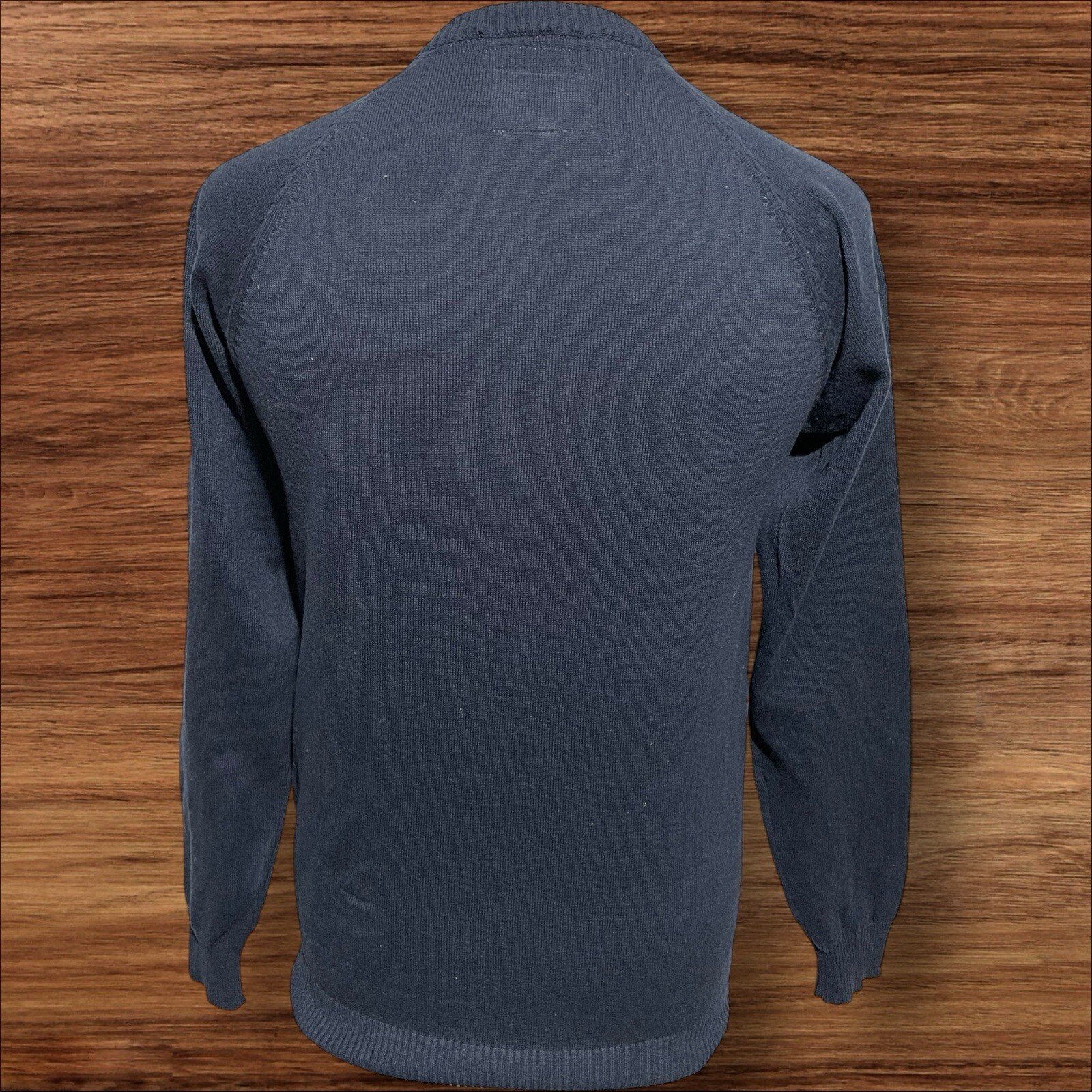 Navy Blue Tight Knit Cotton Jumper Ribbed Round Neckline With V Accent Size S