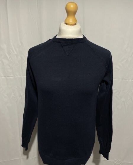 Navy Blue Tight Knit Cotton Jumper Ribbed Round  Neckline With V Accent Size S