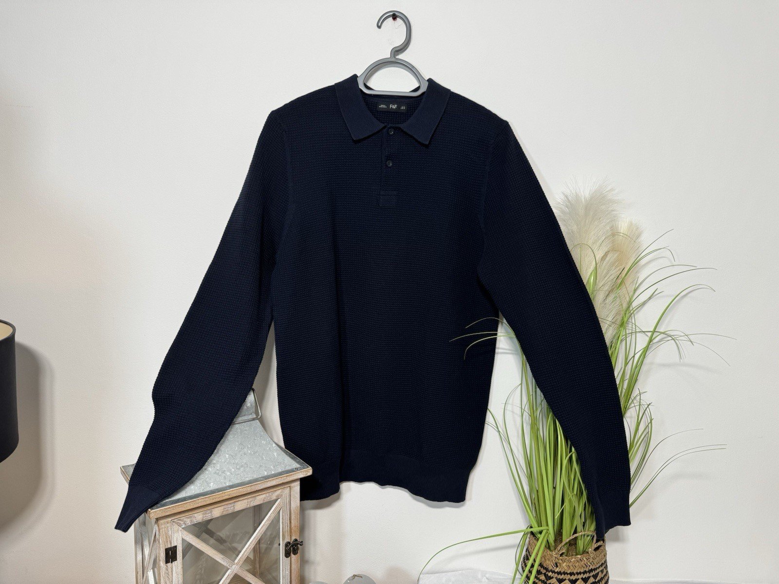 Navy Waffle Weave Cotton Long Sleeve Polo Top Size M