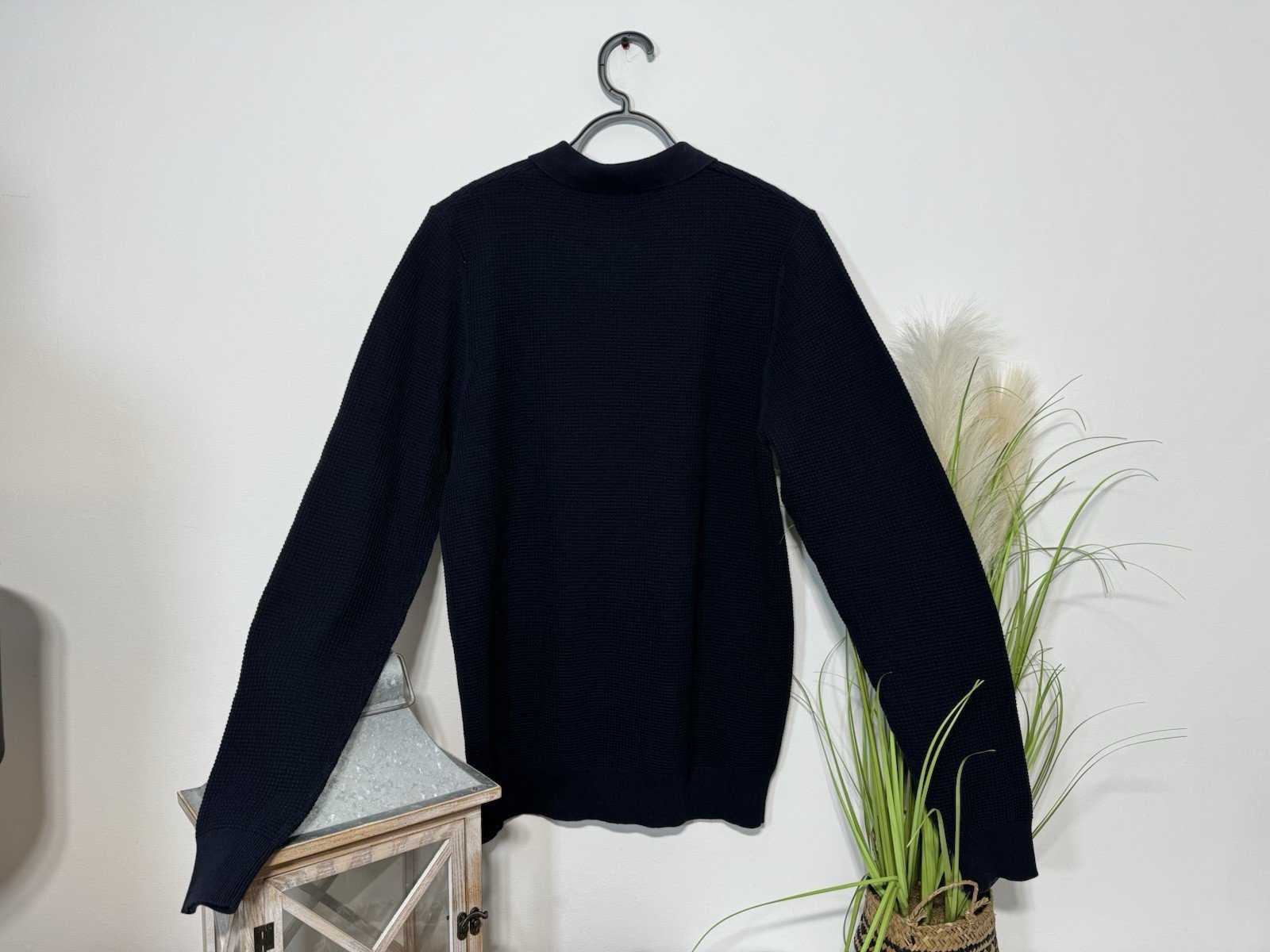 Navy Waffle Weave Cotton Long Sleeve Polo Top Size M