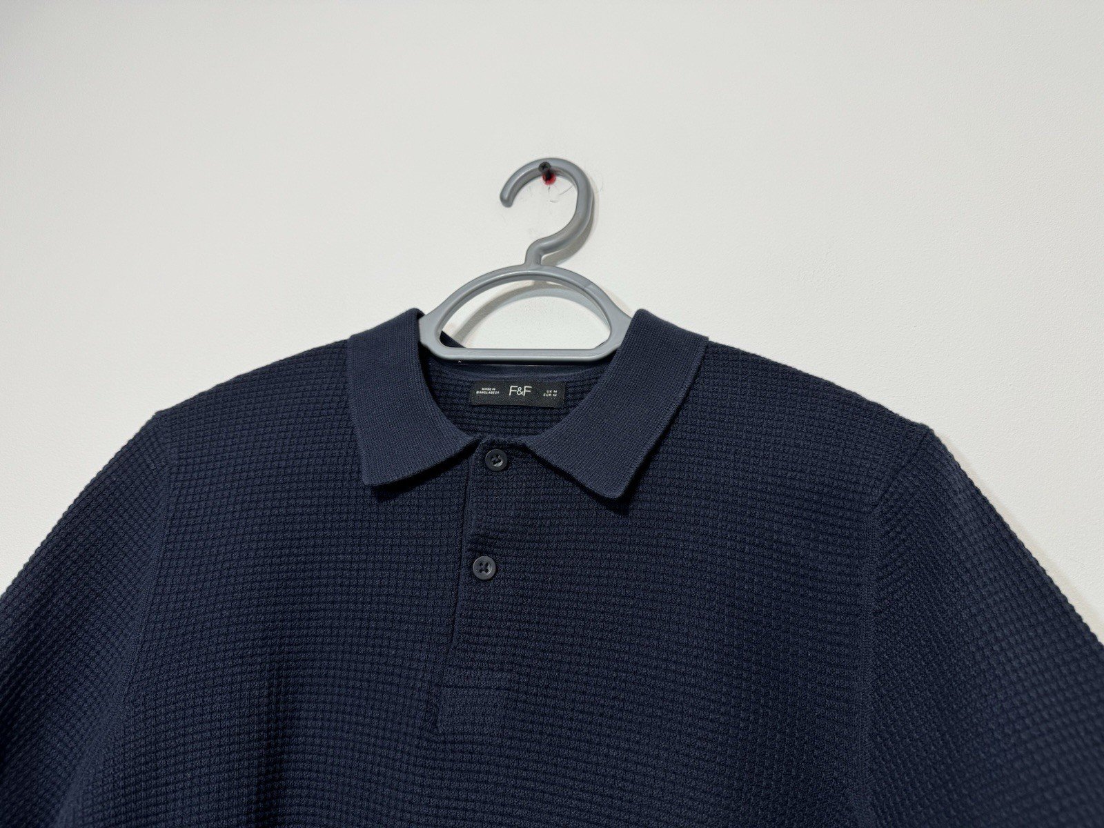 Navy Waffle Weave Cotton Long Sleeve Polo Top Size M