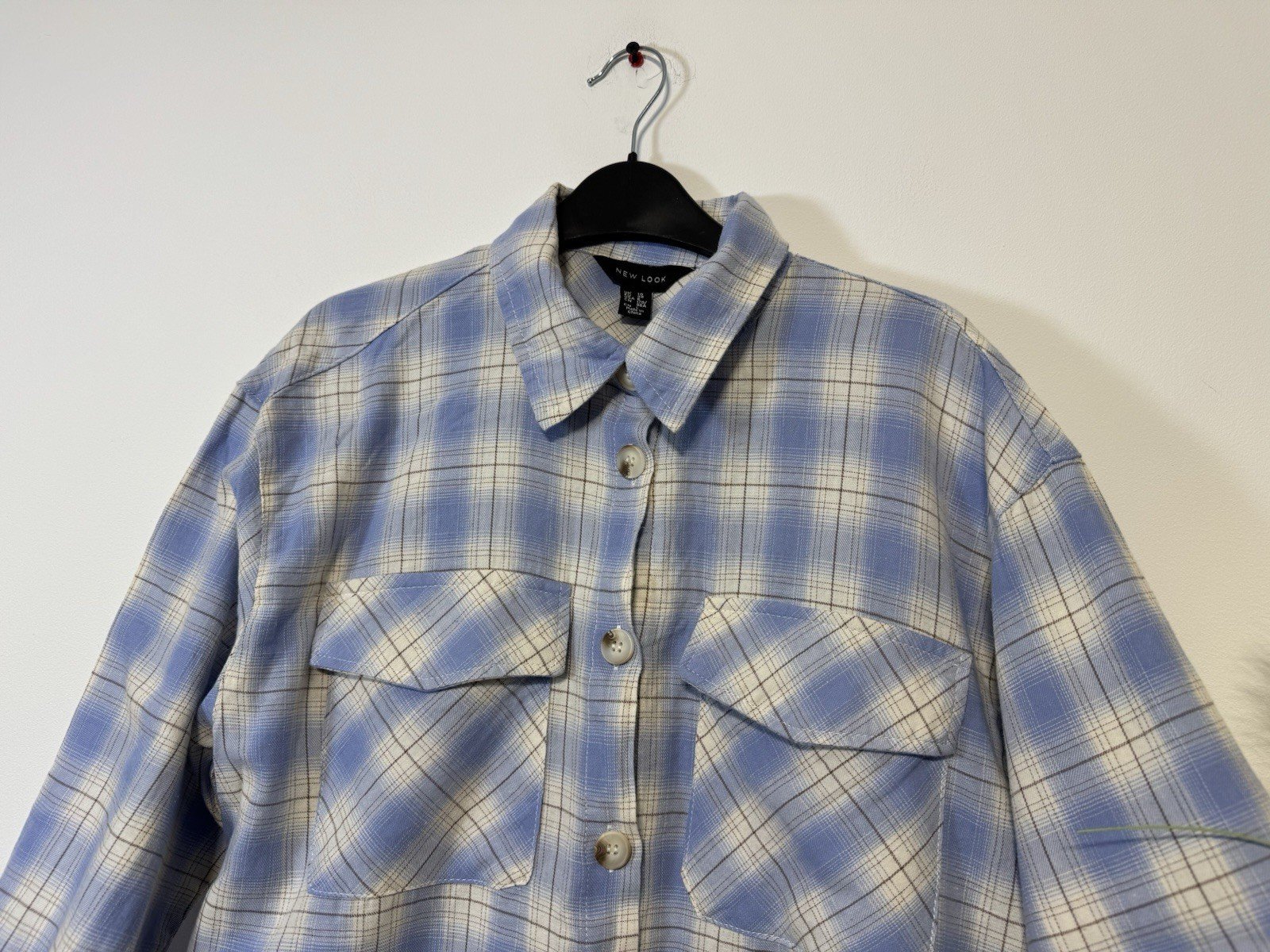 New Look Light Blue Check Brush Cotton Long Sleeve Shirt Size 10