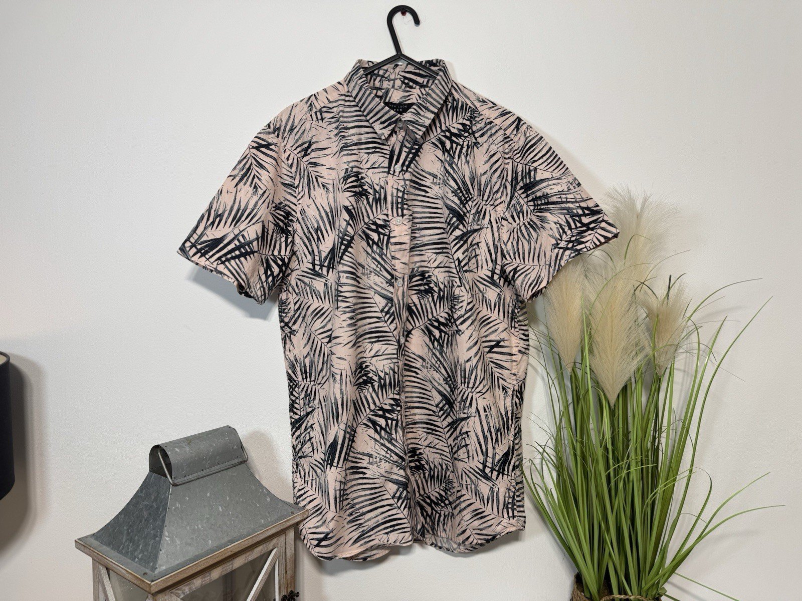 New Look Rose Pink Palm Print Short Sleeve Shirt Size M