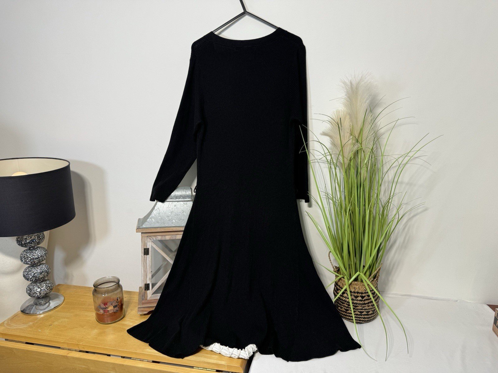 Next Black Ribbed Stretch 3/4 Sleeve A-Line Dress Size 14