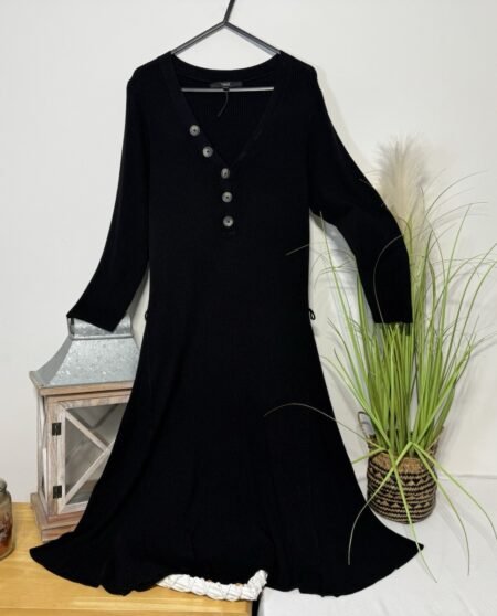 Next Black Ribbed Stretch 3/4 Sleeve A-Line Dress Size 14