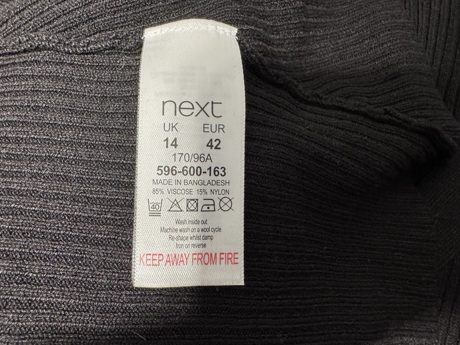 Next Black Ribbed Stretch 3/4 Sleeve A-Line Dress Size 14