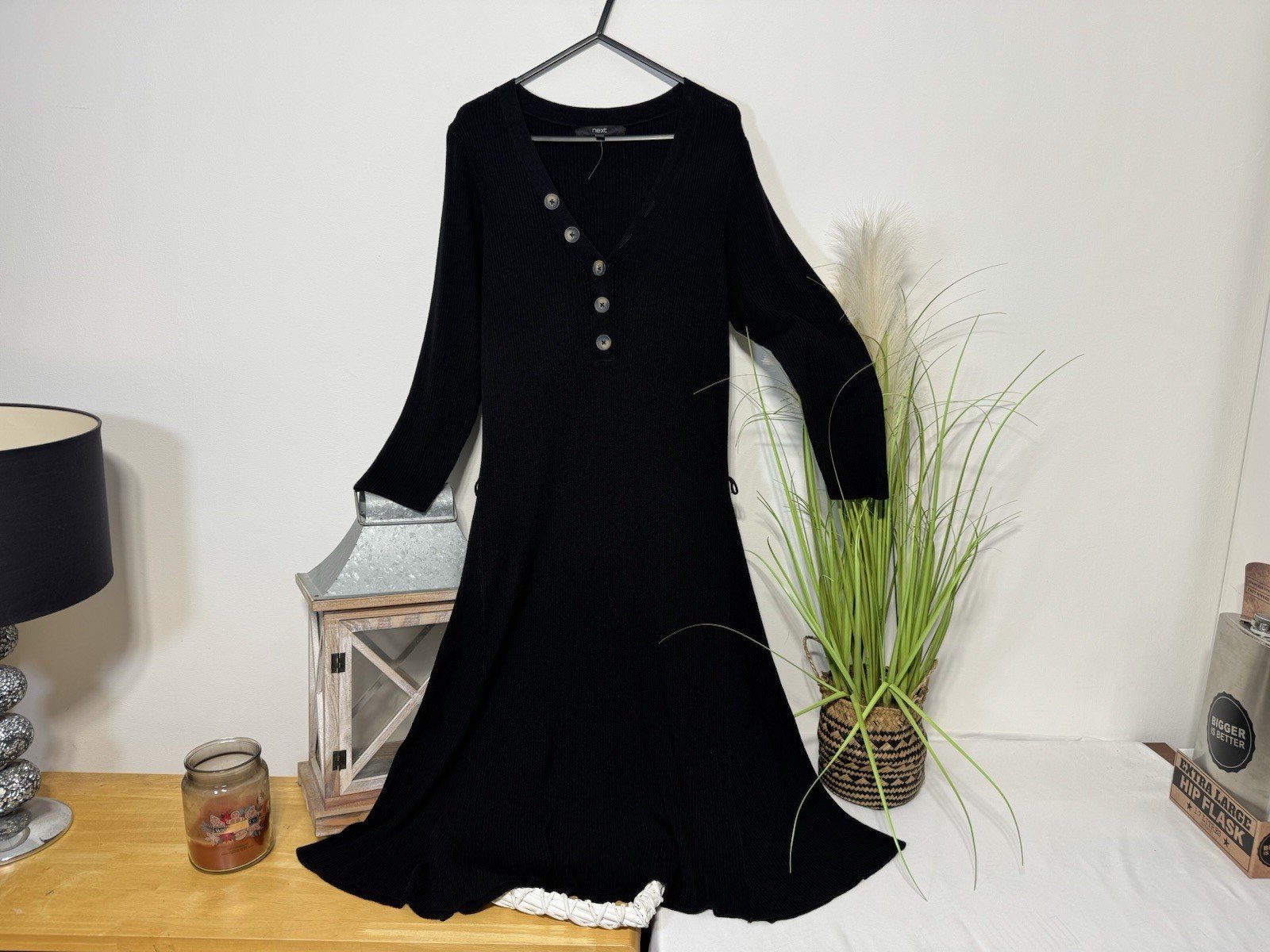 Next Black Ribbed Stretch 3/4 Sleeve A-Line Dress Size 14