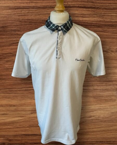 Pierre Cardin White Polo Shirt With Green Tartan Collar  Front Motif Size 2XL