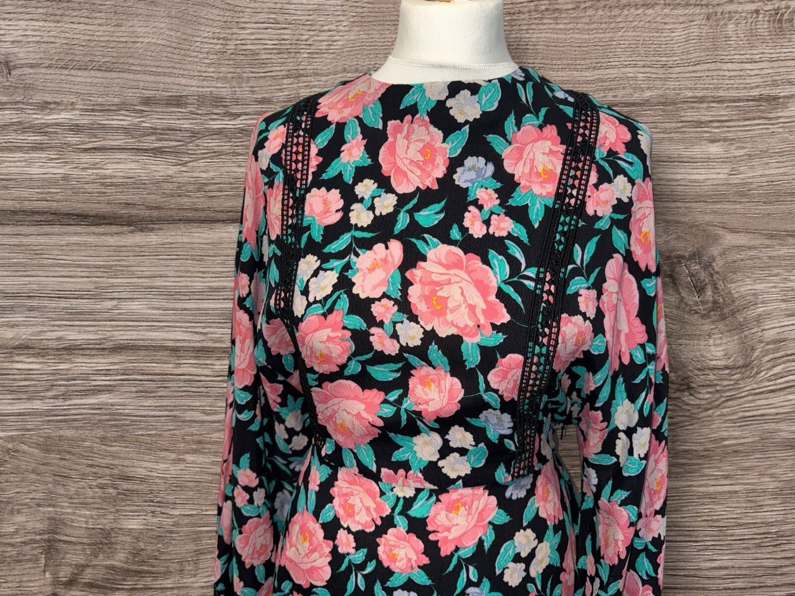 River Island Floral Dress Lace Effect Front Detail Belted Side Zip Size 12