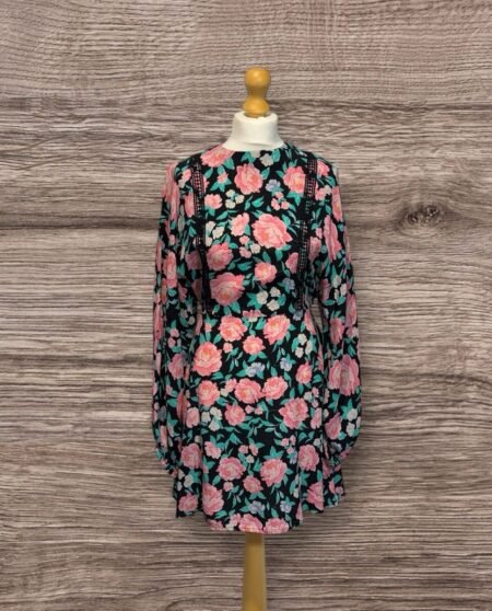 River Island Floral Dress Lace Effect Front Detail Belted Side Zip Size 12