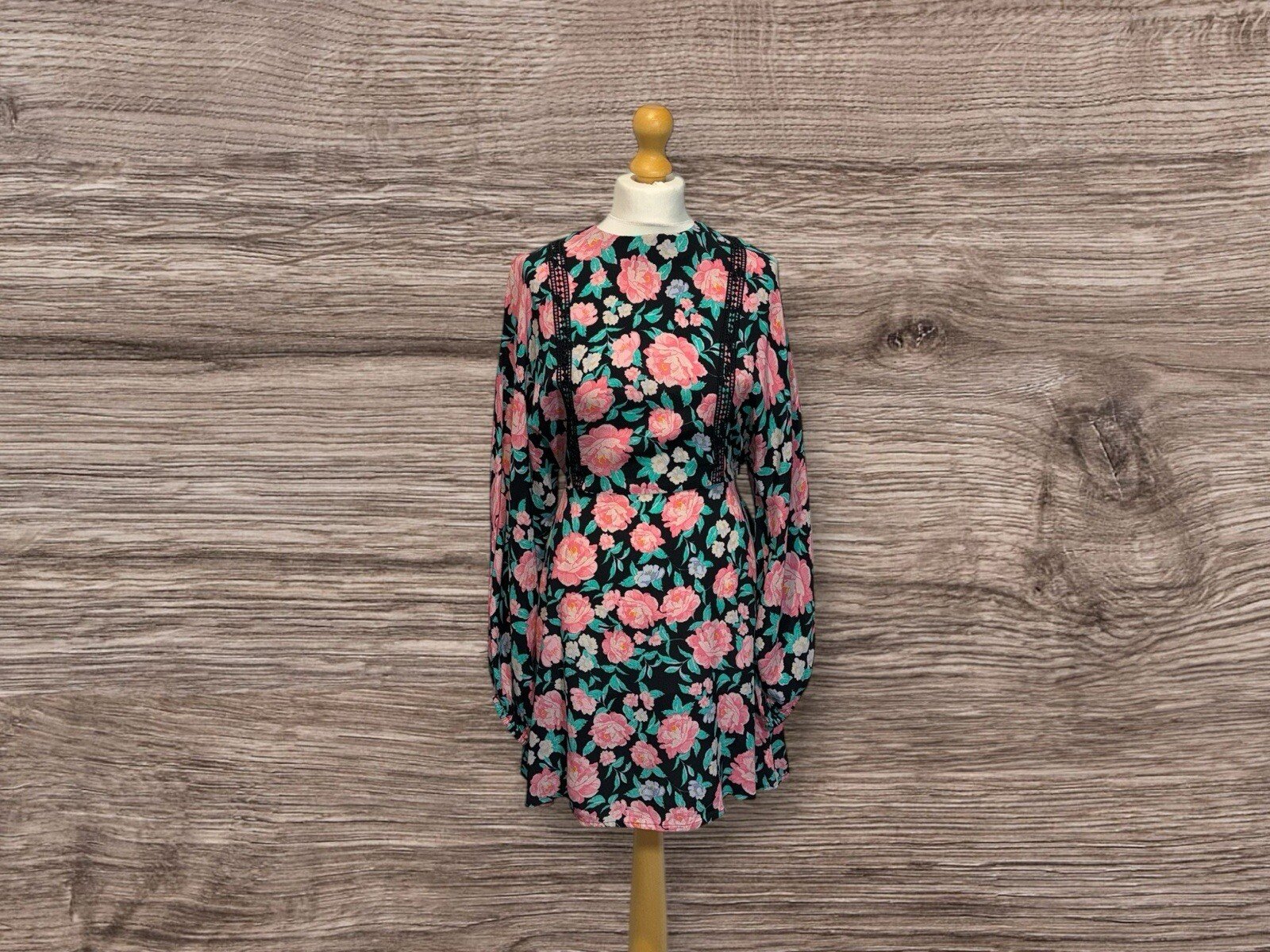 River Island Floral Dress Lace Effect Front Detail Belted Side Zip Size 12