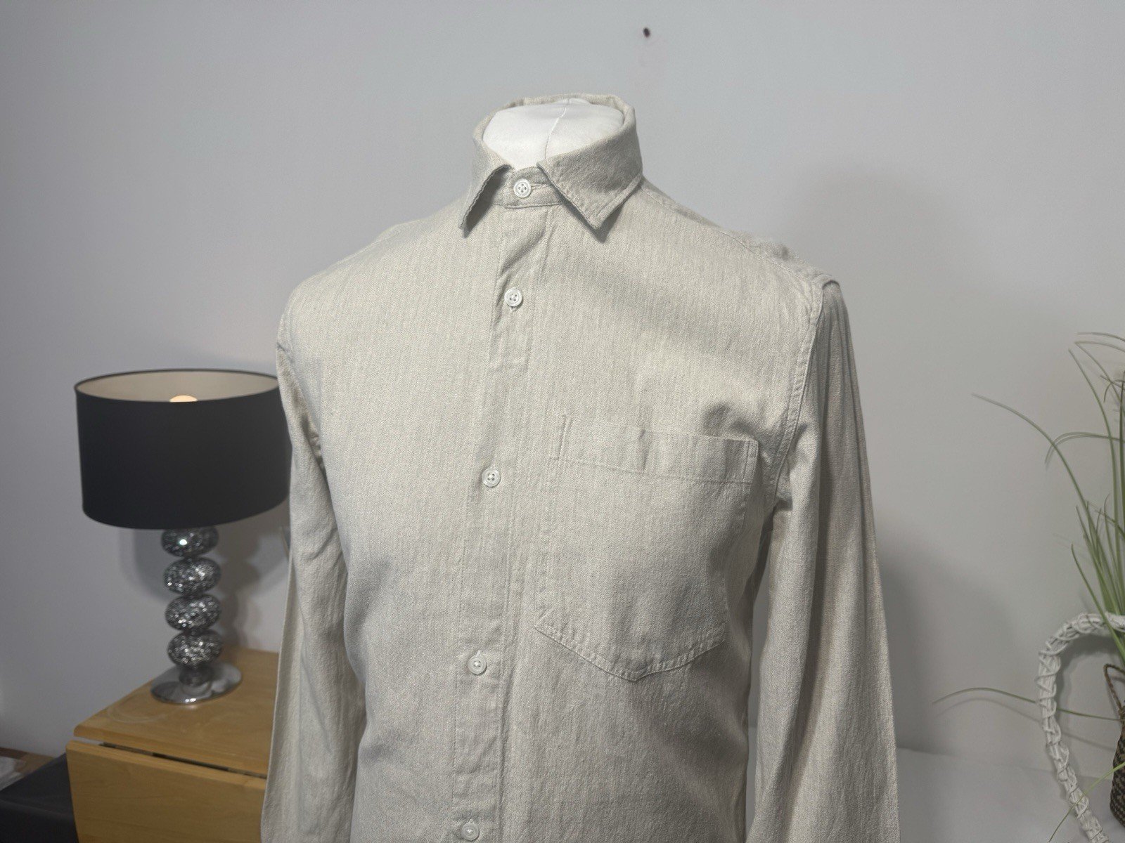 River Island Stone Woven Linen Blend Long Sleeve Shirt Size S