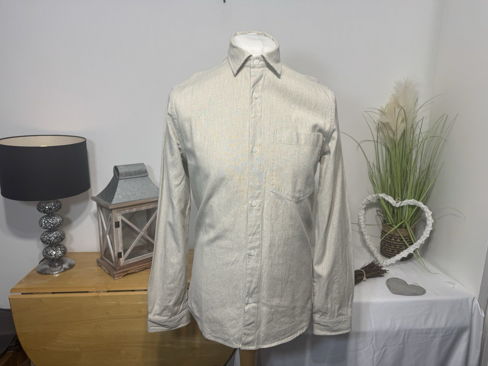 River Island Stone Woven Linen Blend Long Sleeve Shirt Size S