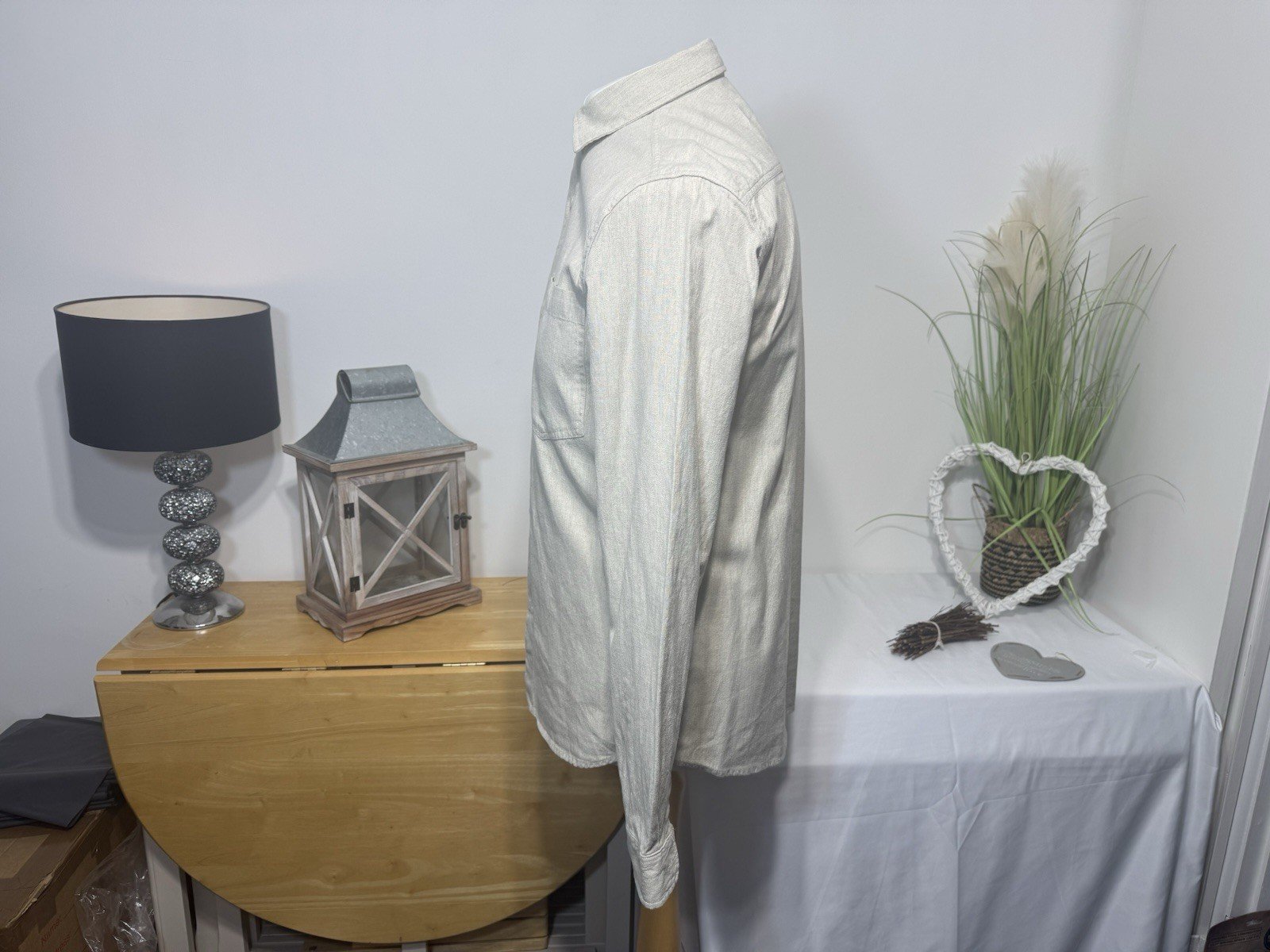 River Island Stone Woven Linen Blend Long Sleeve Shirt Size S