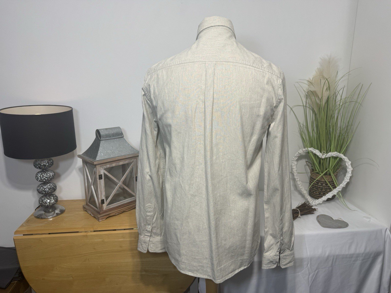 River Island Stone Woven Linen Blend Long Sleeve Shirt Size S