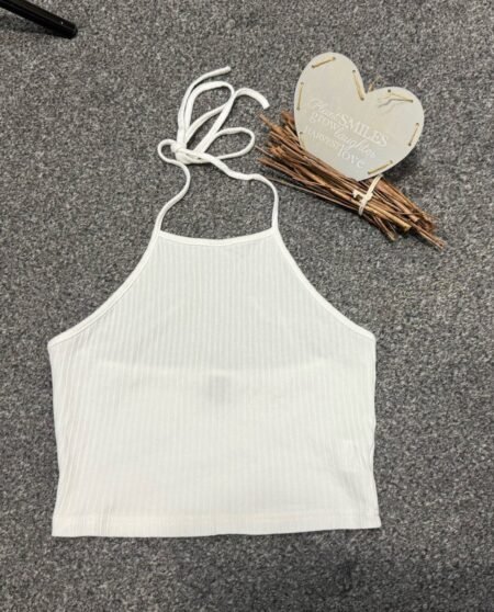 White Ribbed Halter Neck Crop Top Size S