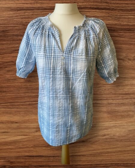 Womens F&F Blue/White Check Blouse Elastic Collar Puff Sleeve Size 6