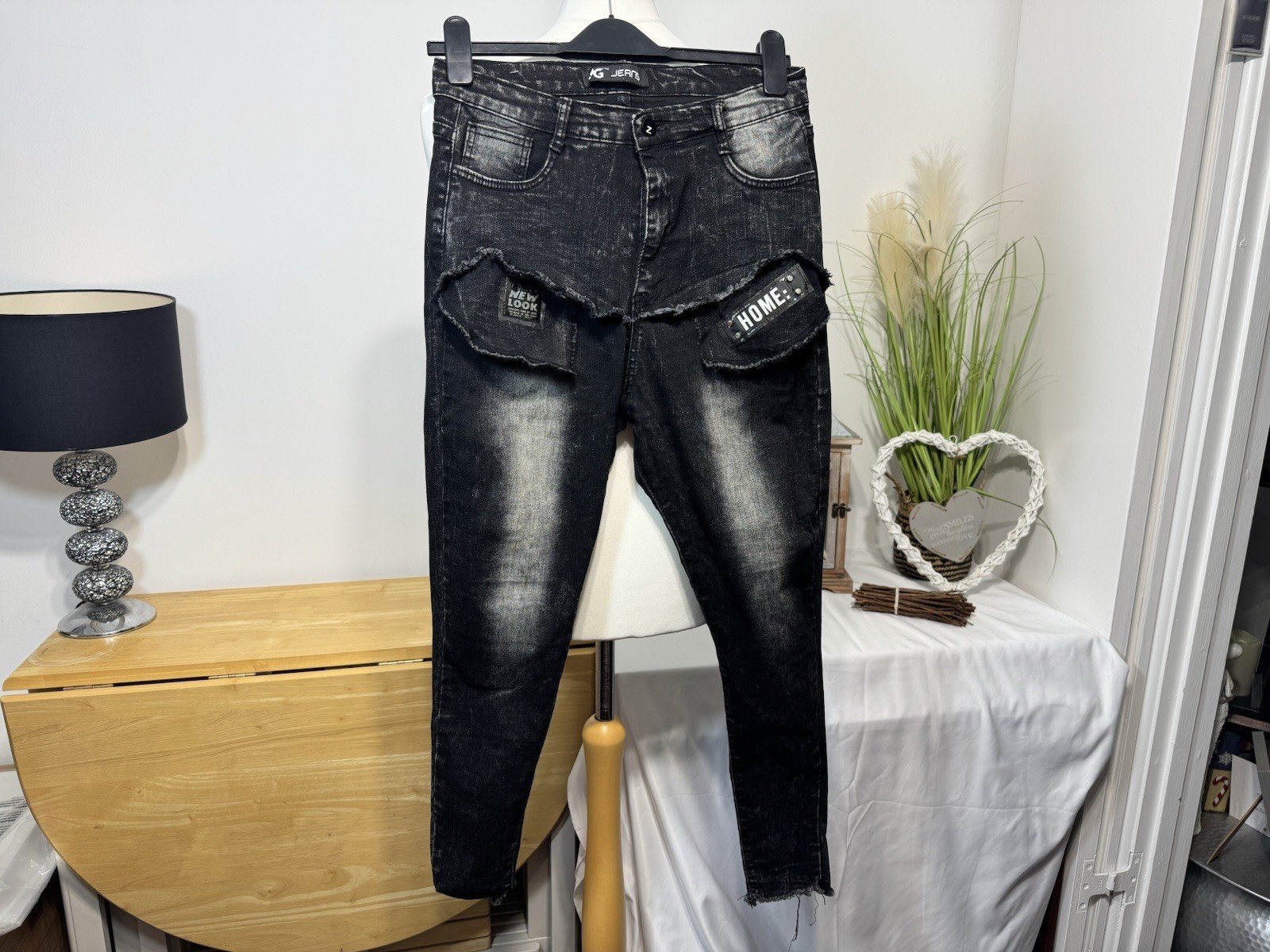 Black Distressed Graphic Skinny Stretch Jeans W30