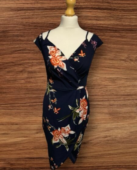 Blue Floral Dress Shoulder Strap Cap Sleeve Wrap Bodice/skirt Knee Length Size10