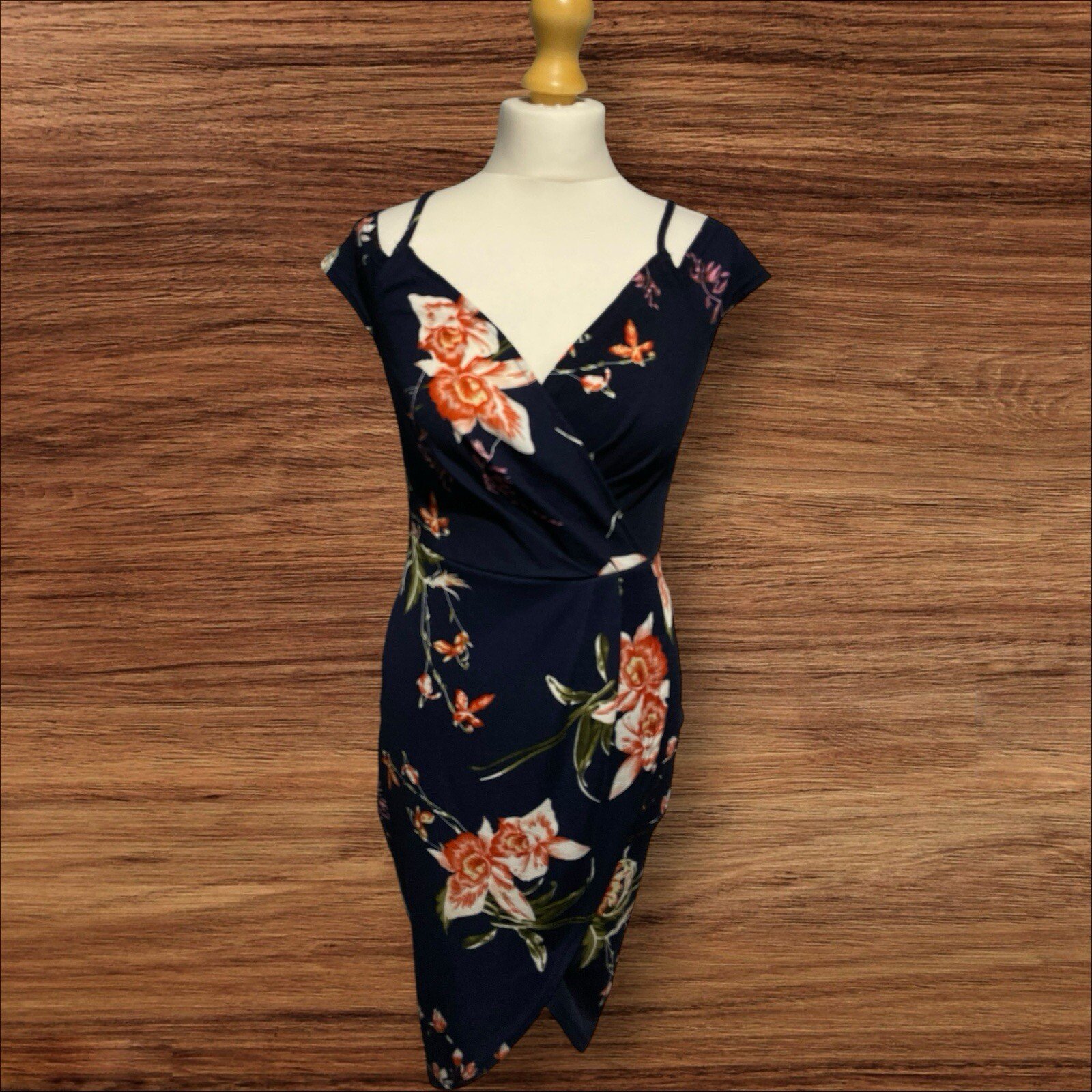 Blue Floral Dress Shoulder Strap Cap Sleeve Wrap Bodice/skirt Knee Length Size10