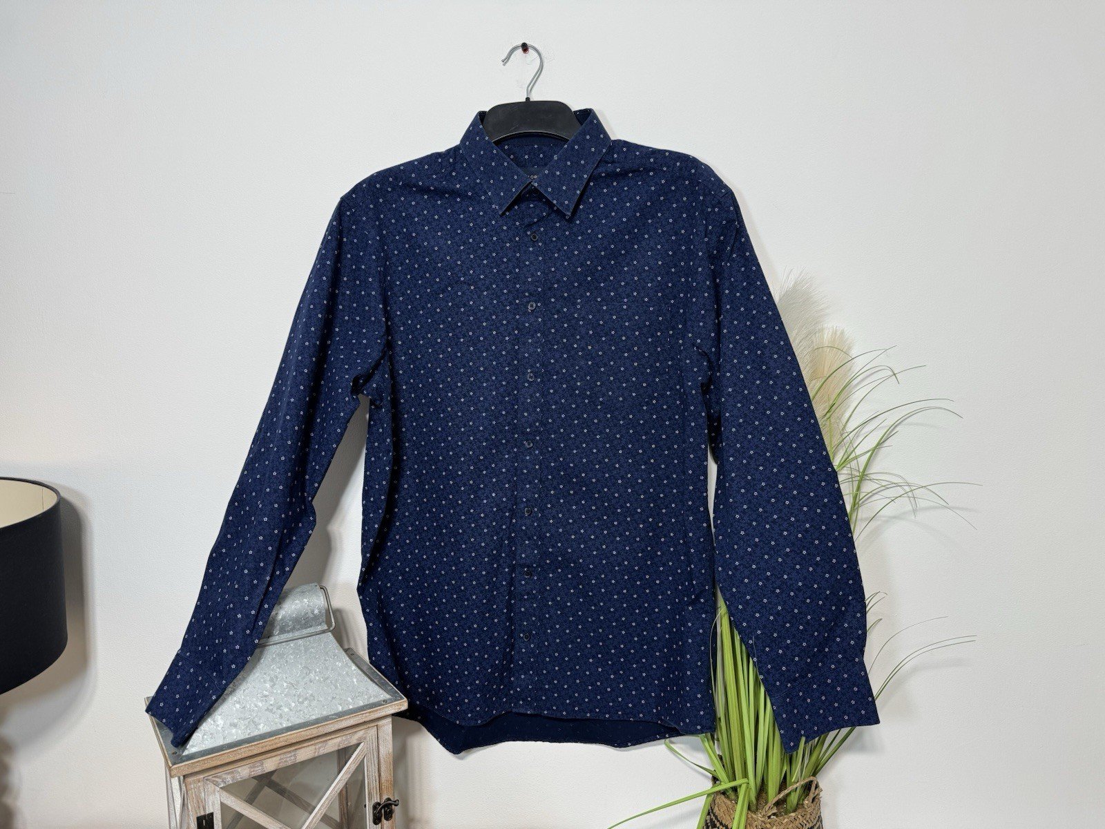 Deep Navy Floral Design Long Sleeve Cotton Shirt Neck 16.5