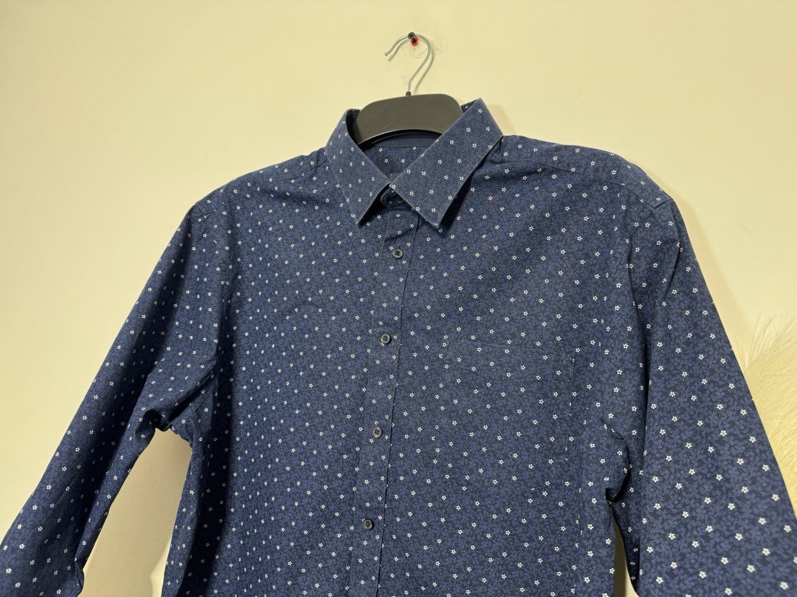 Deep Navy Floral Design Long Sleeve Cotton Shirt Neck 16.5