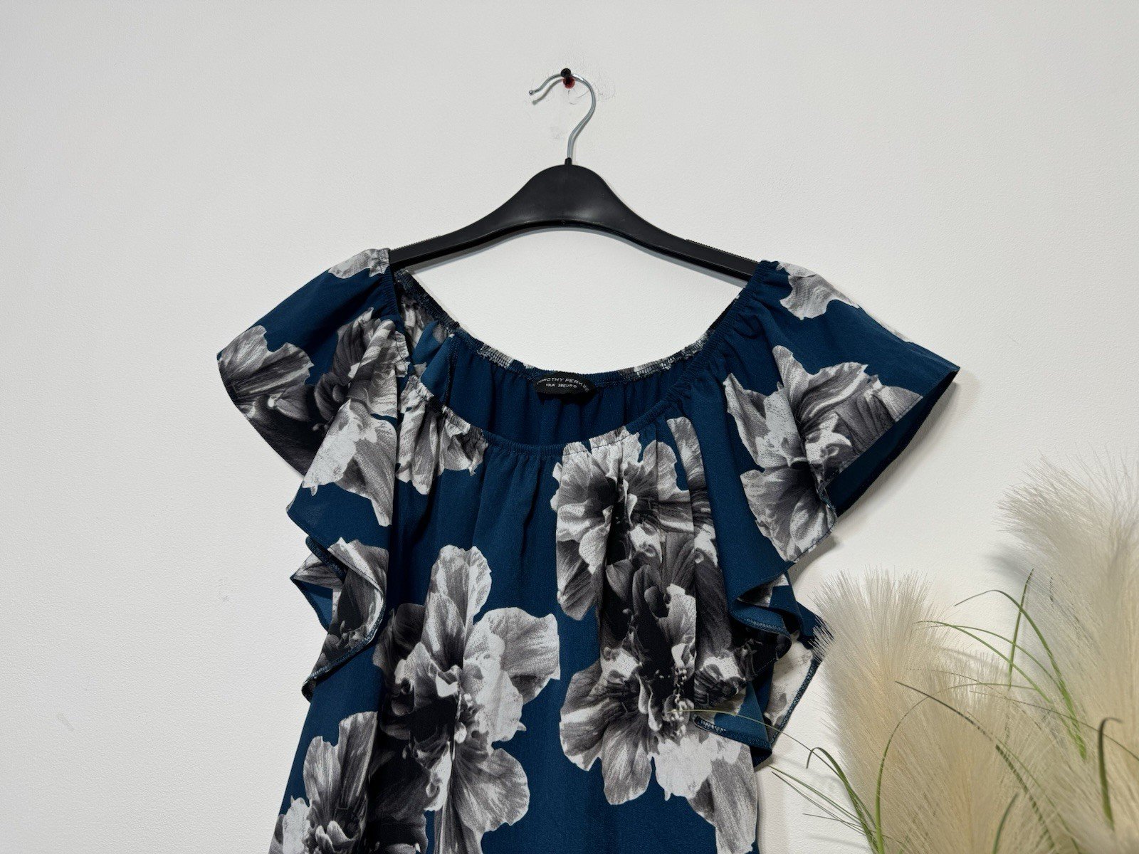 Dorothy Perkins Teal Floral Bardot Neckline Flowy Lined Blouse Size 10