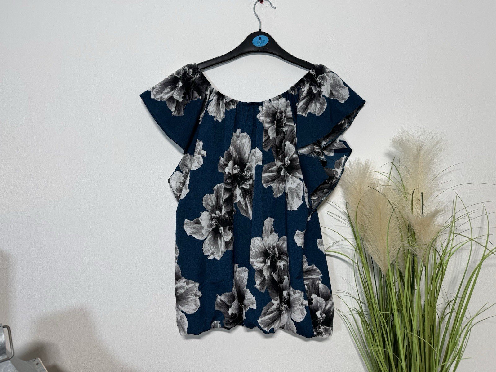 Dorothy Perkins Teal Floral Bardot Neckline Flowy Lined Blouse Size 10